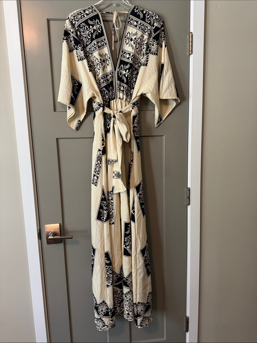 Aakaa Cream and Black Printed V‑Neck Maxi Dress - Picture 2 of 3